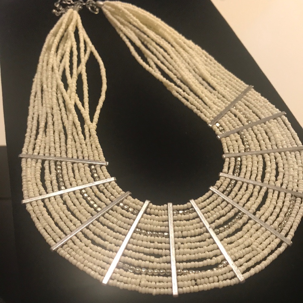 White Beaded Silver Bar Necklace